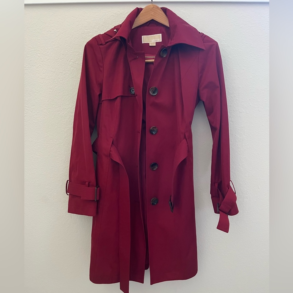 Michael Kors Red Belted Rain Trench Coat with removable hood XS